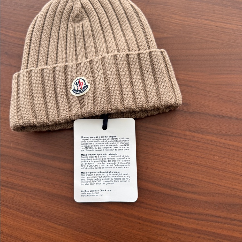 Moncler Fold-Over Ribbed Beanie in Camel